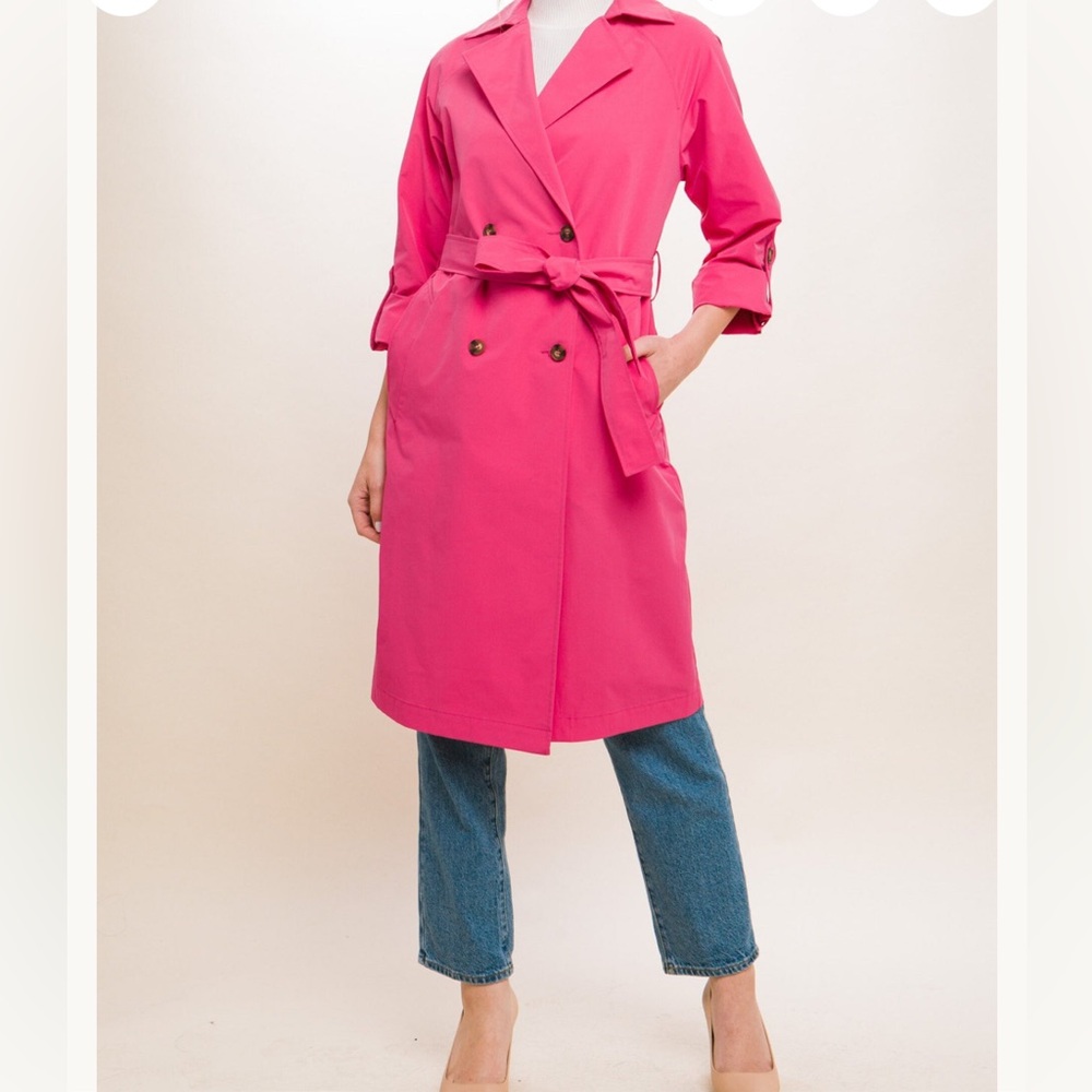 Fuchsia Pink Trench Coat | Belted | Lightweight | Statement Jacket | Size M NWOT
